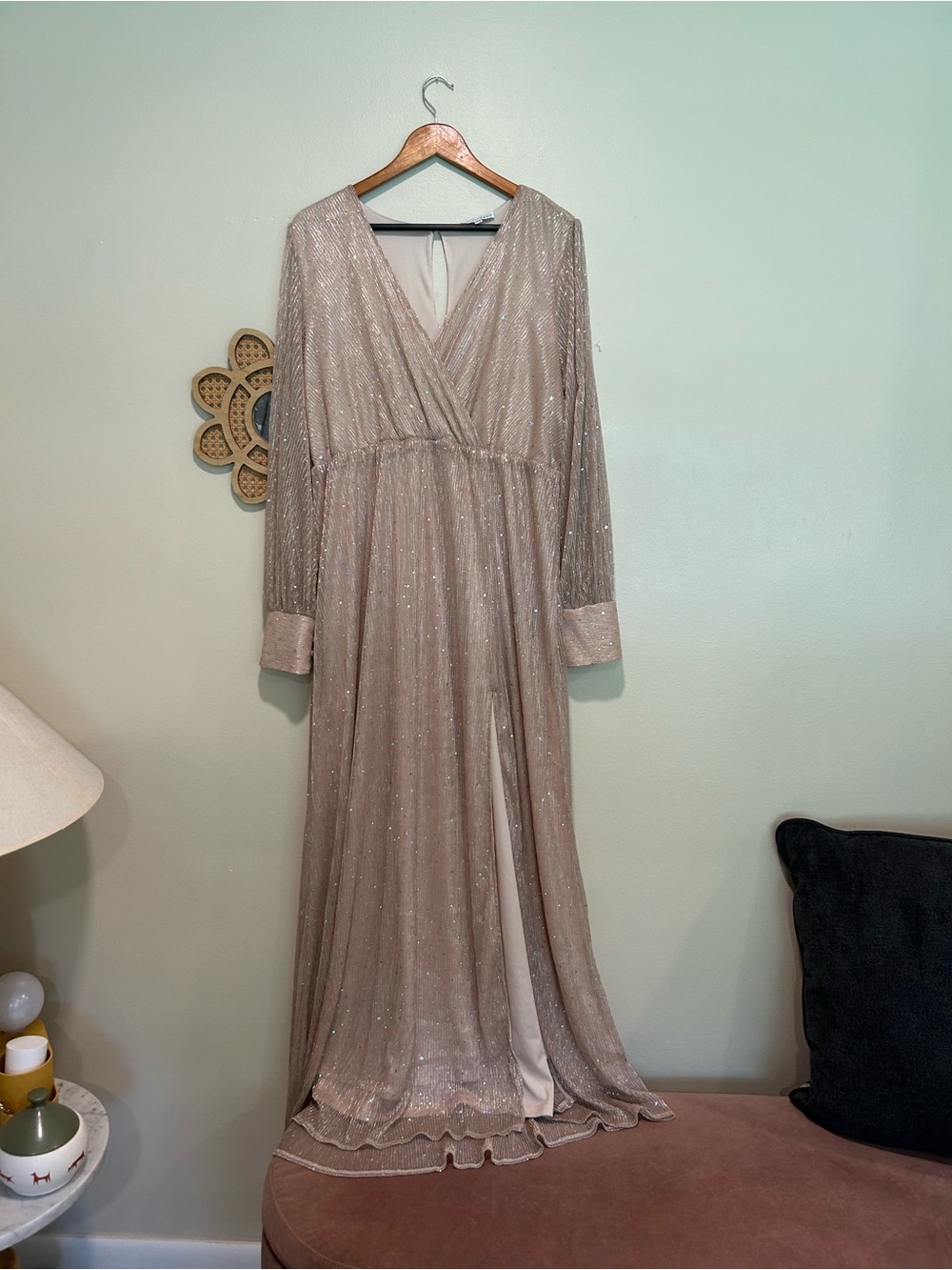 Elegant Long Sleeve Sparkle Gown - Beige/Champagne